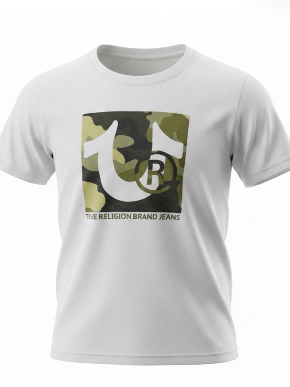 True Religion White Tee with Green Camo Logo Square